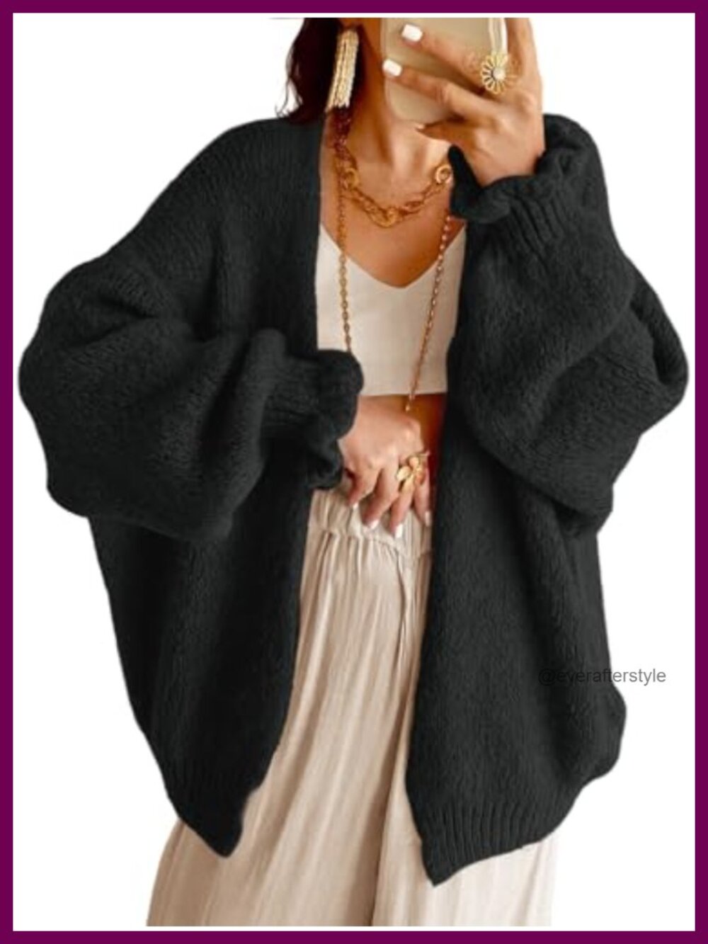 Oversized Chunky Knit Cardigan Ruffle Lantern Sleeve Open Front Sweater